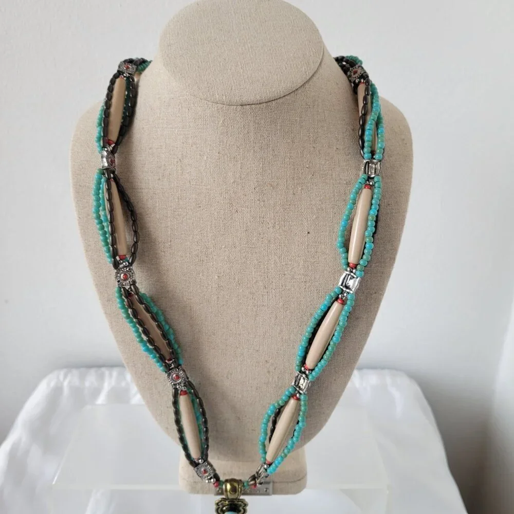 Southwestern-Style Turquoise &Coral color Beaded Cross Necklace